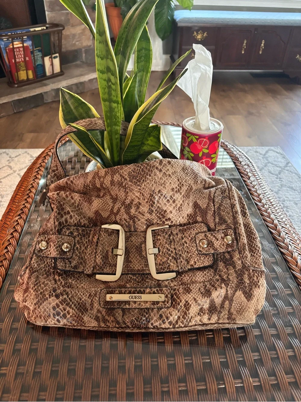 GUESS Taupe Brown Snake-Print Shoulder Bag with Buckle Detail